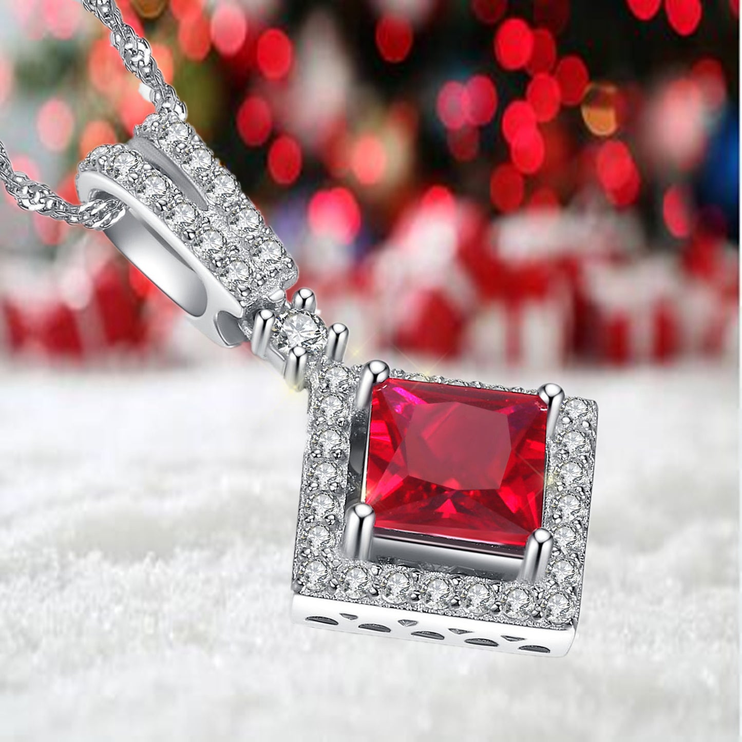 MABELLLA Sterling Silver Princess Cut Simulated Emerald/Ruby Halo Pendant Necklace Gifts for Women
