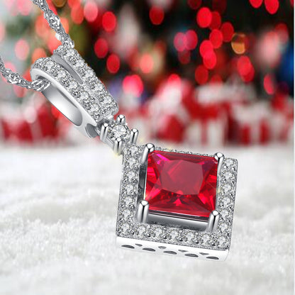 MABELLLA Sterling Silver Princess Cut Simulated Emerald/Ruby Halo Pendant Necklace Gifts for Women