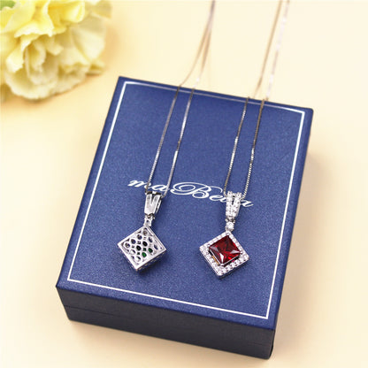 MABELLLA Sterling Silver Princess Cut Simulated Emerald/Ruby Halo Pendant Necklace Gifts for Women