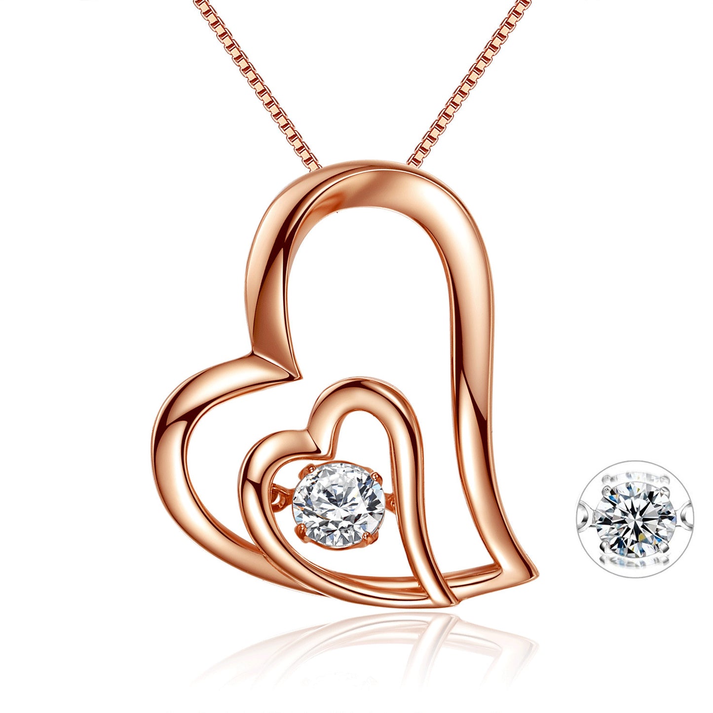 MABELLA Dancing Twinkle Necklace Rose Gold Double Love Heart Pendant, Womens Gifts for Her