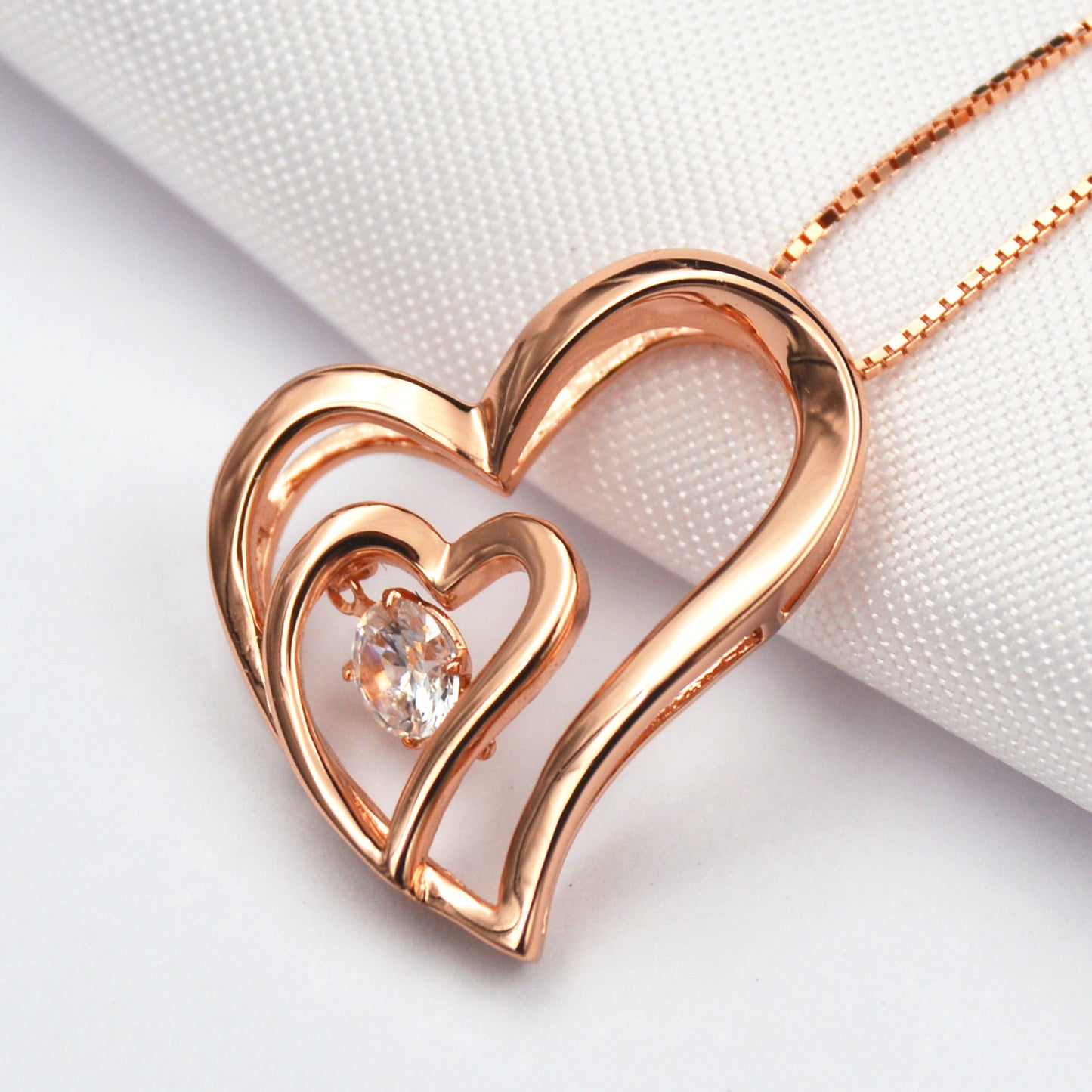 MABELLA Dancing Twinkle Necklace Rose Gold Double Love Heart Pendant, Womens Gifts for Her