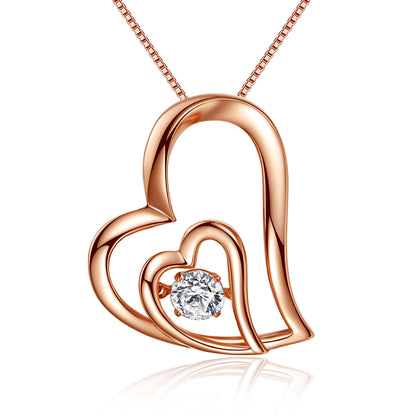 MABELLA Dancing Twinkle Necklace Rose Gold Double Love Heart Pendant, Womens Gifts for Her