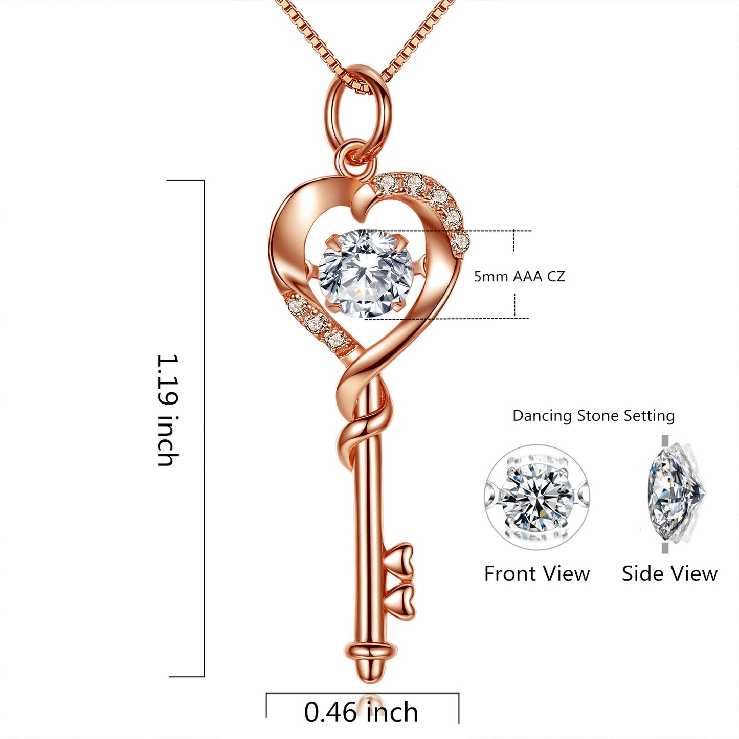 MABELLA Dancing Collection Rose Gold Plated Sterling Silver 0.9 ct Heart Shape Key Pendant Necklace