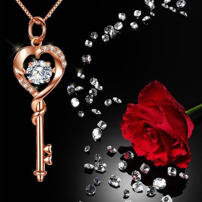 MABELLA Dancing Collection Rose Gold Plated Sterling Silver 0.9 ct Heart Shape Key Pendant Necklace