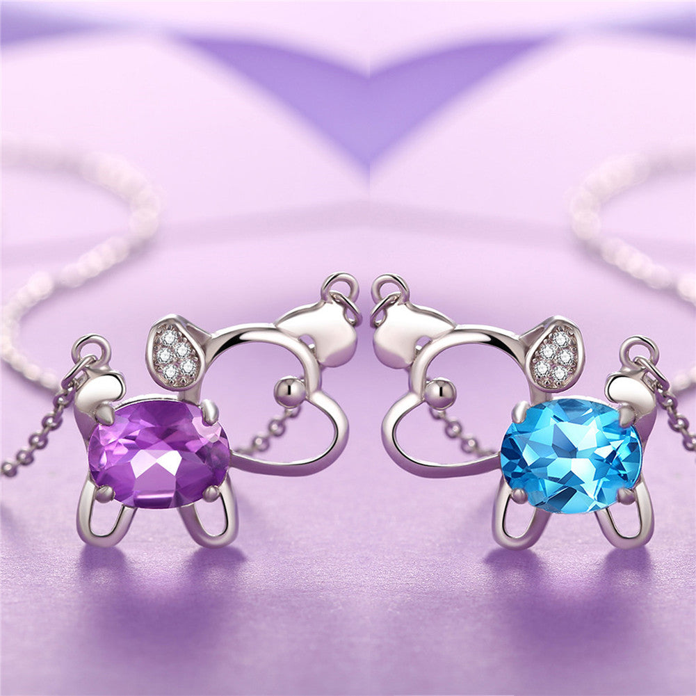MABELLA 925 Sterling Silver Animals Dog Pendants Natural Blue Topaz/Amethyst Gemstone Necklace