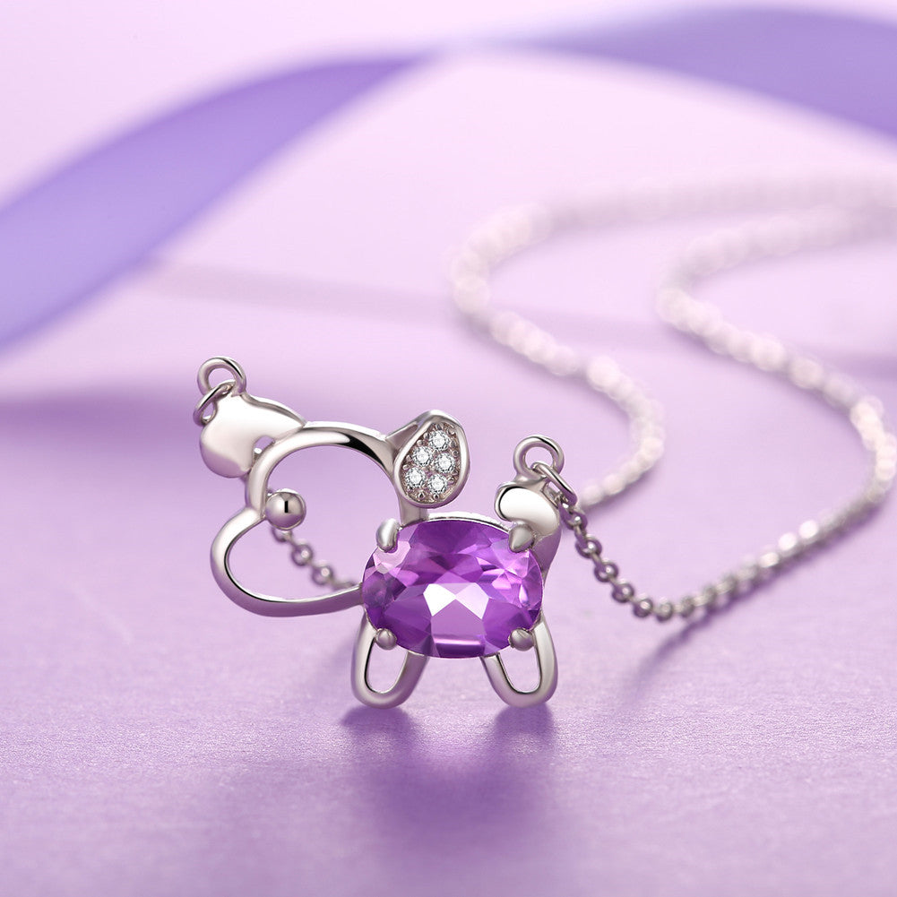 MABELLA 925 Sterling Silver Animals Dog Pendants Natural Blue Topaz/Amethyst Gemstone Necklace