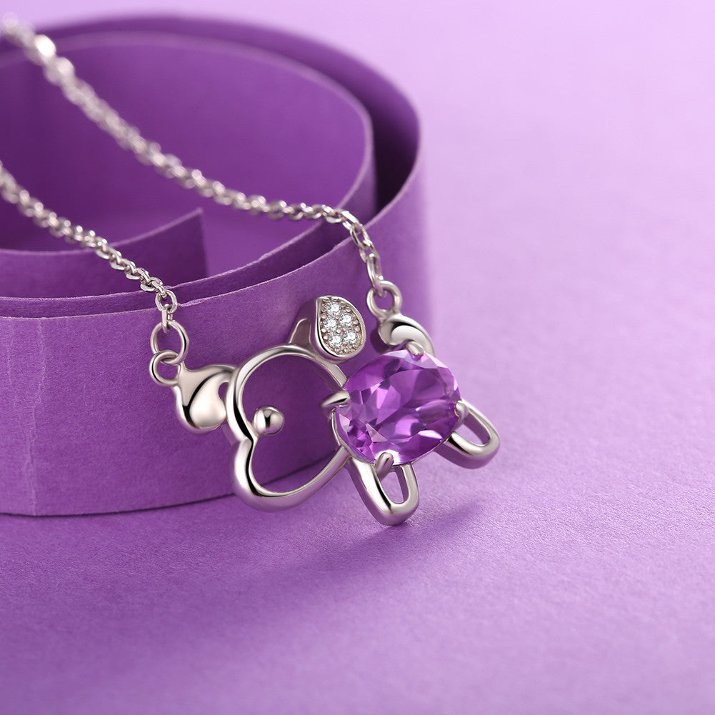 MABELLA 925 Sterling Silver Animals Dog Pendants Natural Blue Topaz/Amethyst Gemstone Necklace