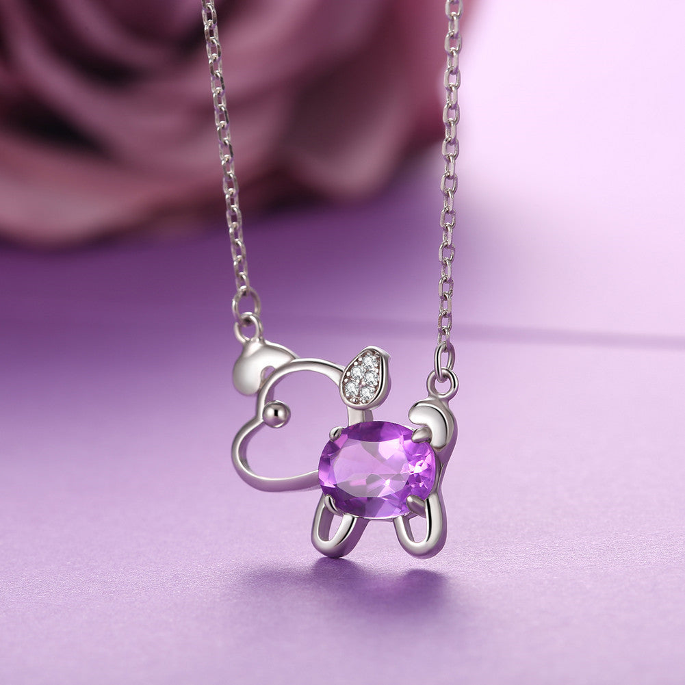 MABELLA 925 Sterling Silver Animals Dog Pendants Natural Blue Topaz/Amethyst Gemstone Necklace