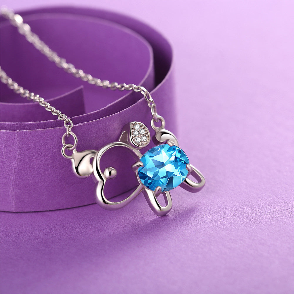 MABELLA 925 Sterling Silver Animals Dog Pendants Natural Blue Topaz/Amethyst Gemstone Necklace