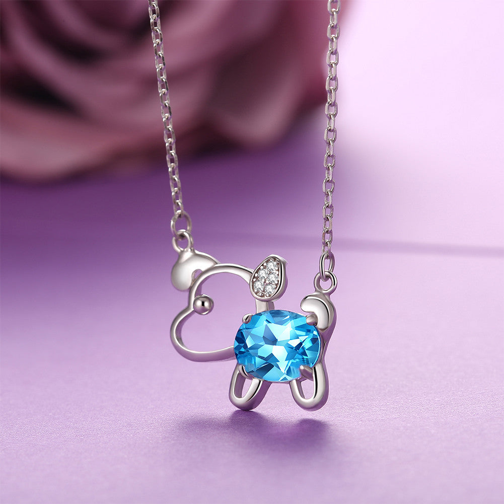 MABELLA 925 Sterling Silver Animals Dog Pendants Natural Blue Topaz/Amethyst Gemstone Necklace