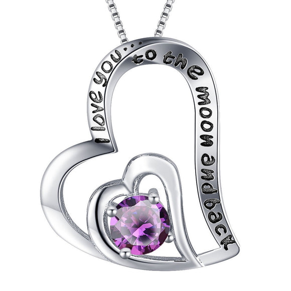 Double Heart Pendant Necklace Natural Amethyst I Love You To The Moon and Back, Gifts for Women