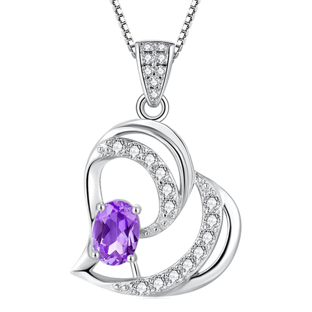 MABELLA 925 Sterling Silver Heart Pendant Necklace Natural Amethyst Fine Jewelry Gifts for Girls