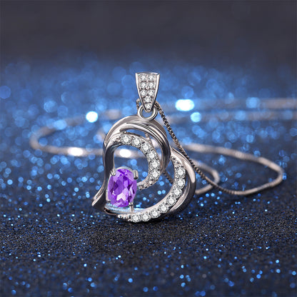 MABELLA 925 Sterling Silver Heart Pendant Necklace Natural Amethyst Fine Jewelry Gifts for Girls