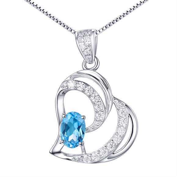 MABELLA 925 Sterling Silver Heart Pendant Necklace Natural Blue Topaz Fine Jewelry Gifts for Girls