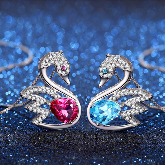MABELLA 925 Sterling Silver Swan Genuine Blue Topaz/Pink Topaz Pendant Necklace, Gifts for Women