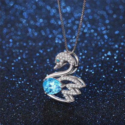 MABELLA 925 Sterling Silver Swan Genuine Blue Topaz/Pink Topaz Pendant Necklace, Gifts for Women
