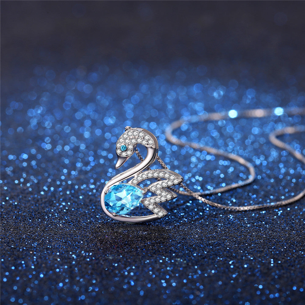 MABELLA 925 Sterling Silver Swan Genuine Blue Topaz/Pink Topaz Pendant Necklace, Gifts for Women