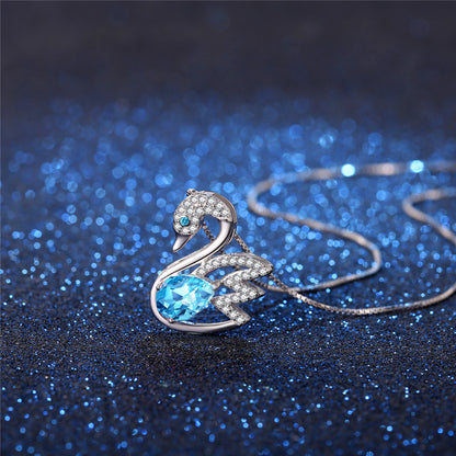 MABELLA 925 Sterling Silver Swan Genuine Blue Topaz/Pink Topaz Pendant Necklace, Gifts for Women