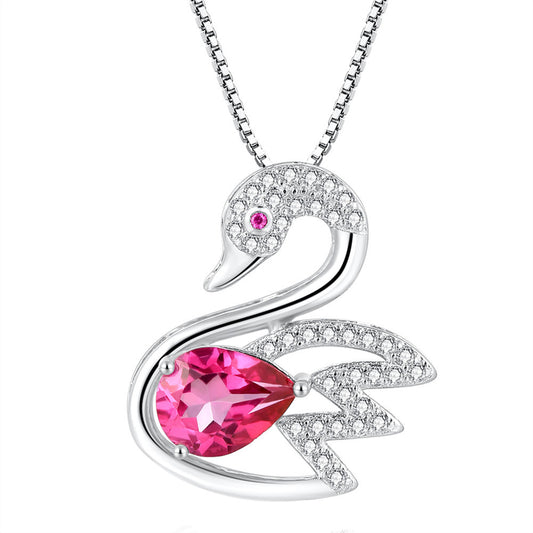 MABELLA 925 Sterling Silver Animals Swan Genuine Pink Topaz Pendant Necklace, Gifts for Women