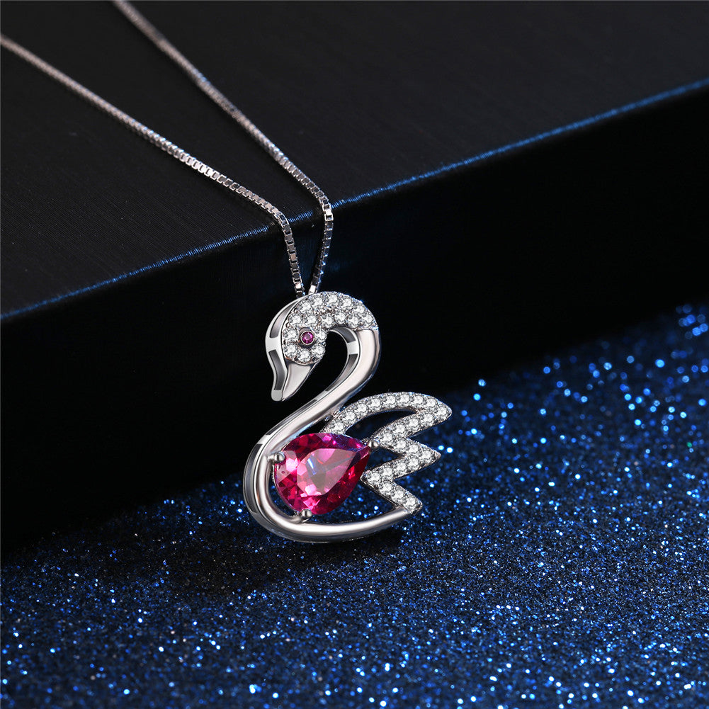 MABELLA 925 Sterling Silver Swan Genuine Blue Topaz/Pink Topaz Pendant Necklace, Gifts for Women
