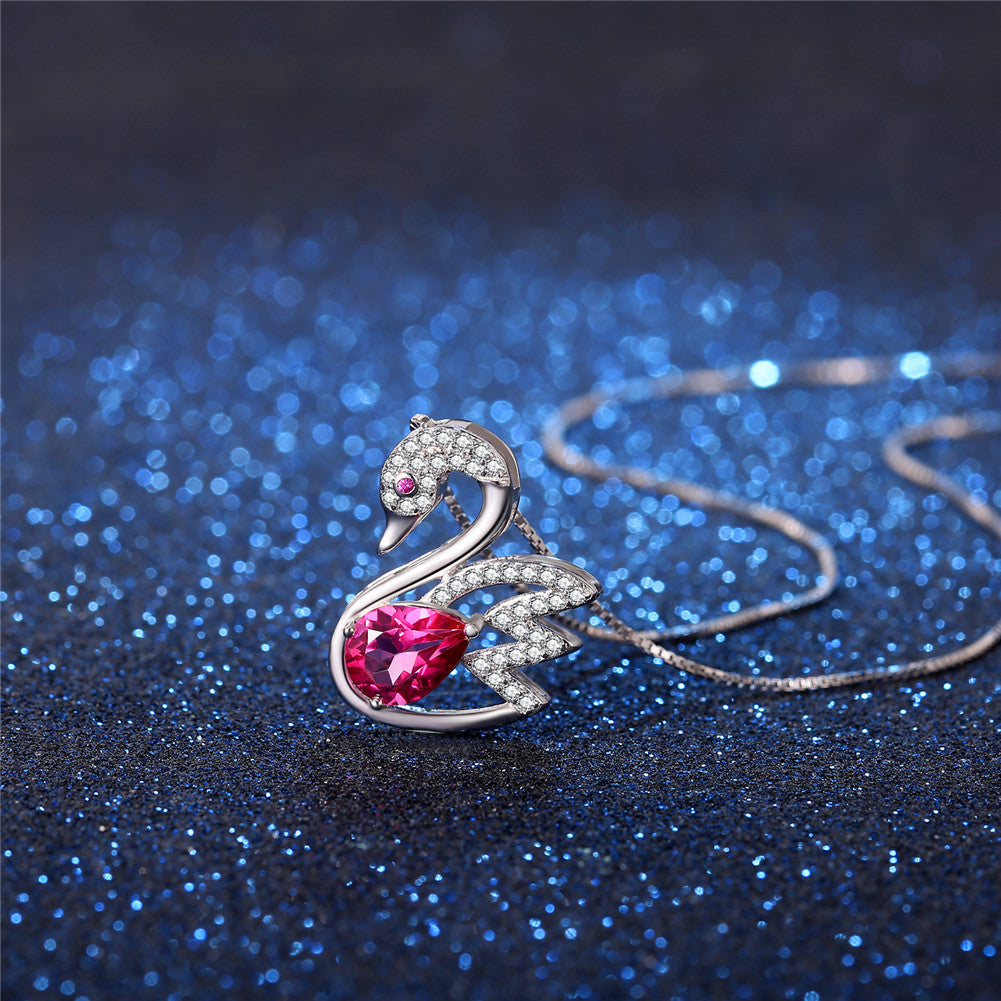 MABELLA 925 Sterling Silver Swan Genuine Blue Topaz/Pink Topaz Pendant Necklace, Gifts for Women