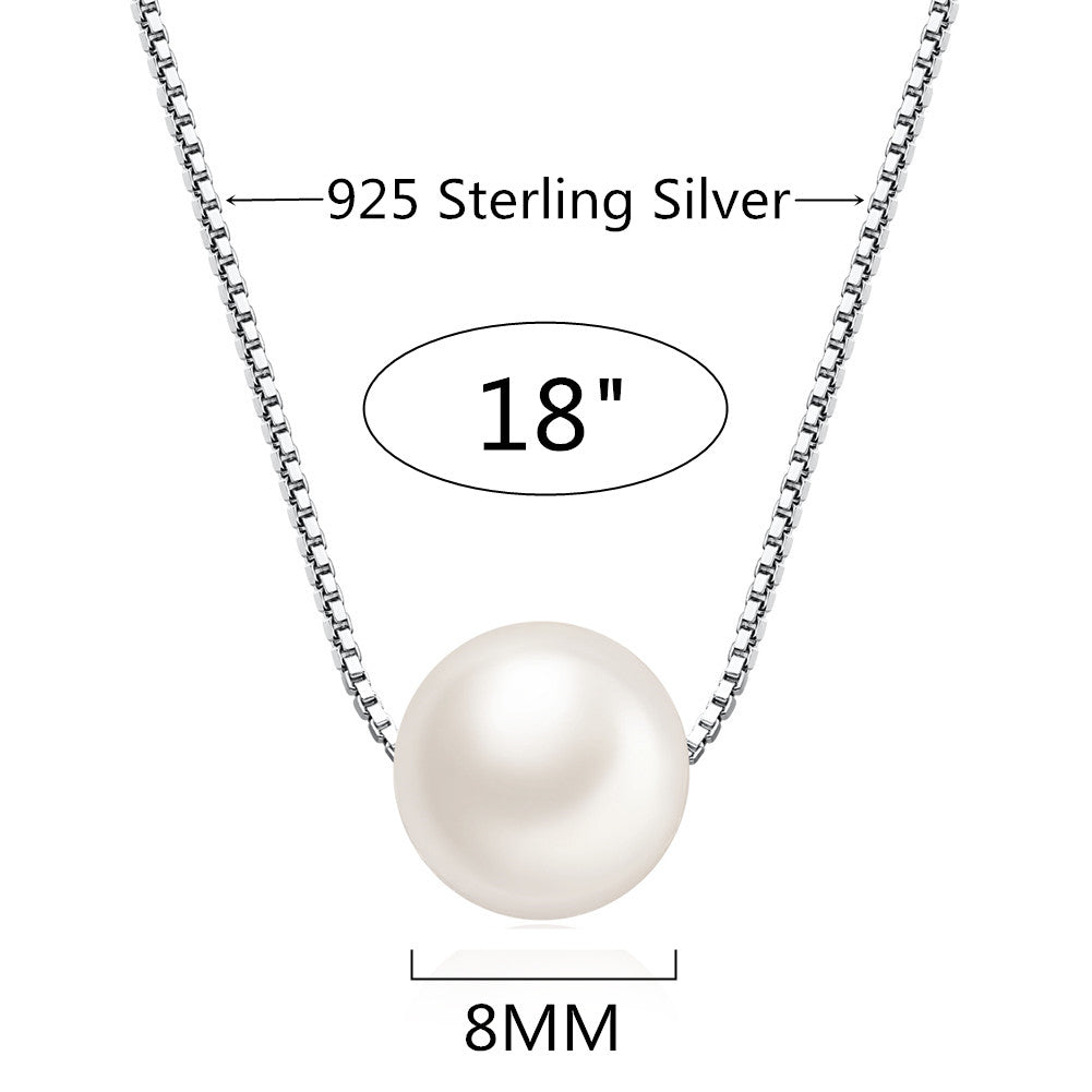 MABELLA Freshwater Cultured 8MM AAA White Round Pearl Pendant Necklace 925 Sterling Silver for Women