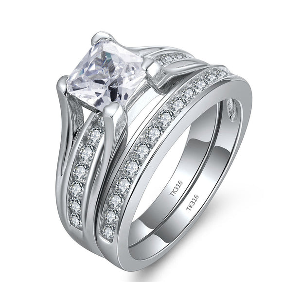 MABELLA Stainless Steel Cubic Zirconia Princess Cut Women's Wedding Engagement Bridal Ring Set
