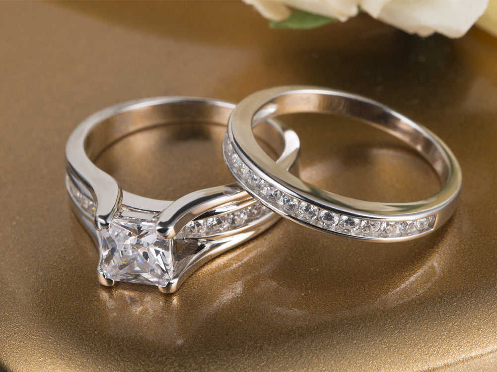 MABELLA Stainless Steel Cubic Zirconia Princess Cut Women's Wedding Engagement Bridal Ring Set