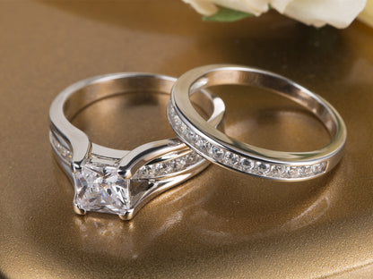 MABELLA Stainless Steel Cubic Zirconia Princess Cut Women's Wedding Engagement Bridal Ring Set