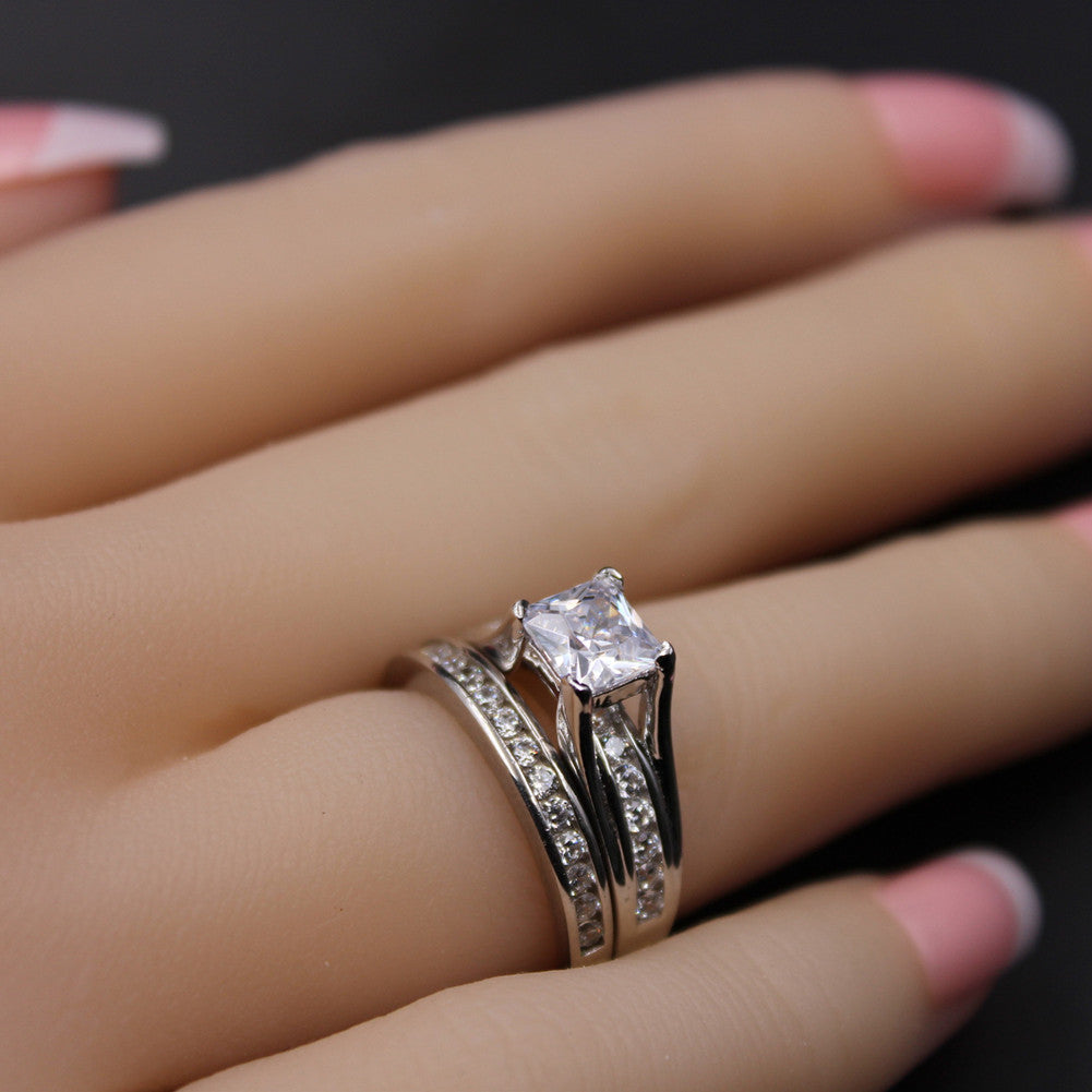 MABELLA Stainless Steel Cubic Zirconia Princess Cut Women's Wedding Engagement Bridal Ring Set