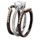 MABELLA Stainless Steel 2 Tone IP Dark Brown Cubic Zirconia Women Wedding Engagement Bridal Ring Set