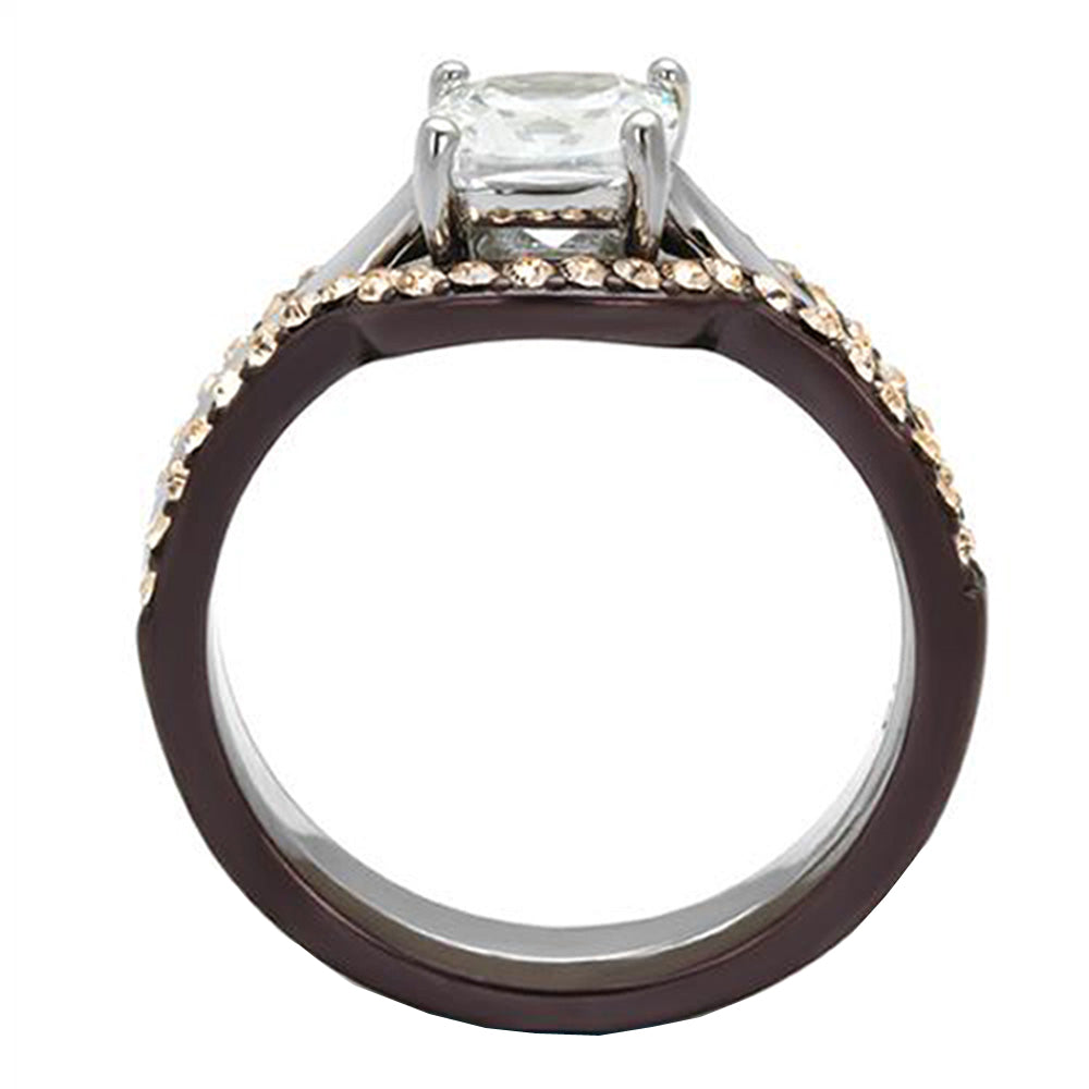 MABELLA Stainless Steel 2 Tone IP Dark Brown Cubic Zirconia Women Wedding Engagement Bridal Ring Set