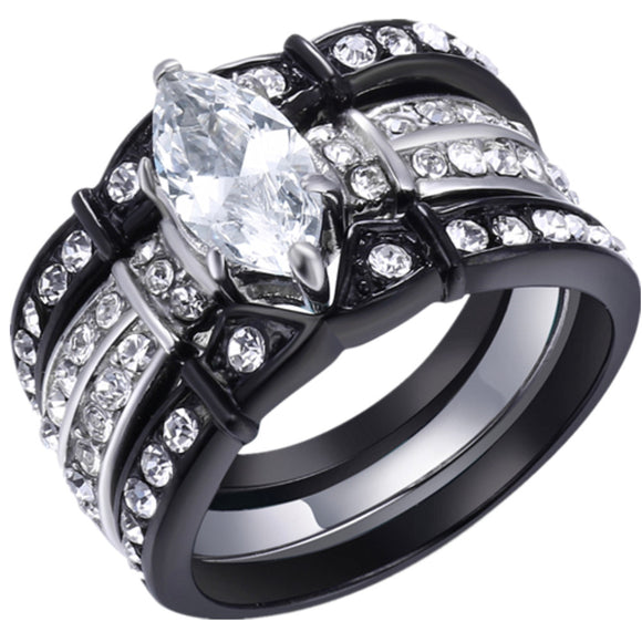MABELLA Stainless Steel Marquise Cubic Zirconia Black Wedding Band Engagement Ring Set for Her
