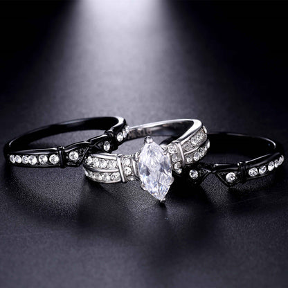 MABELLA Stainless Steel Marquise Cubic Zirconia Black Wedding Band Engagement Ring Set for Her