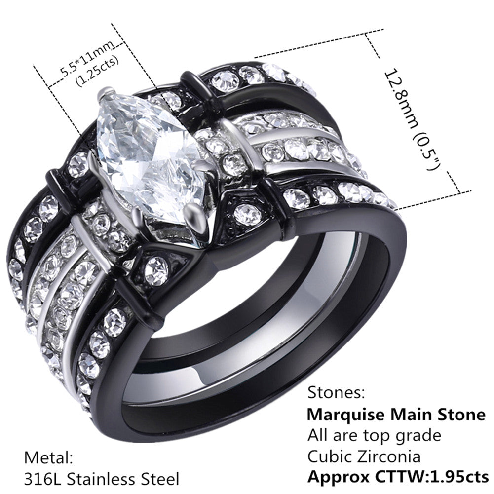 MABELLA Stainless Steel Marquise Cubic Zirconia Black Wedding Band Engagement Ring Set for Her