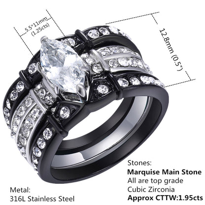 MABELLA Stainless Steel Marquise Cubic Zirconia Black Wedding Band Engagement Ring Set for Her