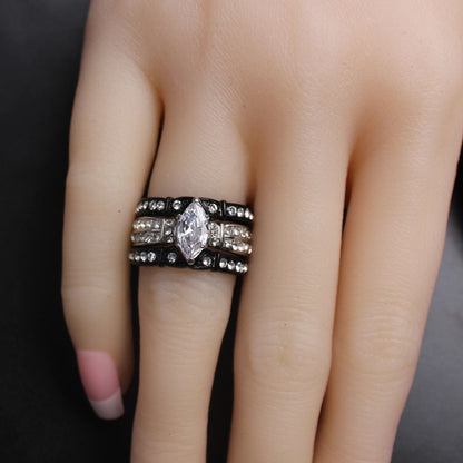 MABELLA Stainless Steel Marquise Cubic Zirconia Black Wedding Band Engagement Ring Set for Her