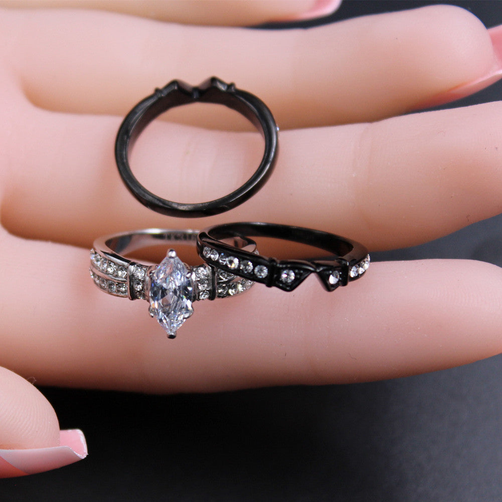 MABELLA Stainless Steel Marquise Cubic Zirconia Black Wedding Band Engagement Ring Set for Her
