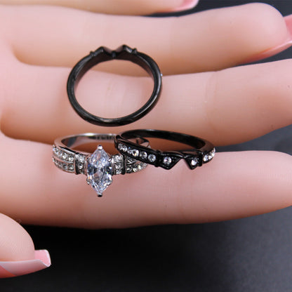 MABELLA Stainless Steel Marquise Cubic Zirconia Black Wedding Band Engagement Ring Set for Her