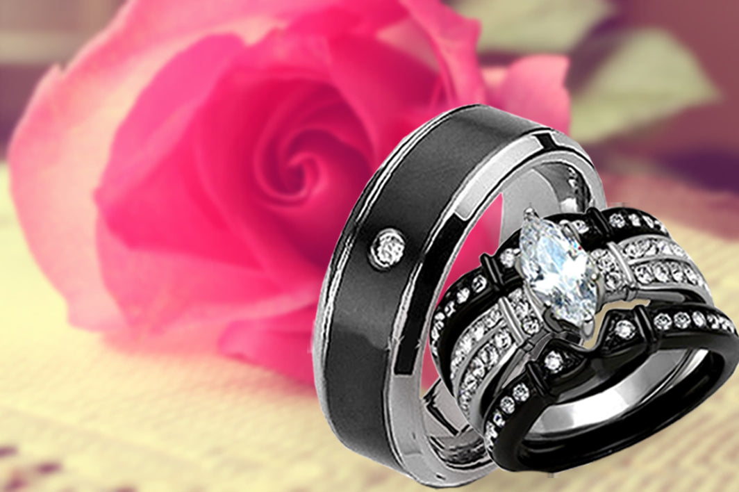 His and Hers Couples Rings Black Stainless Steel Wedding Engagement Ring Bridal Sets Mens Band