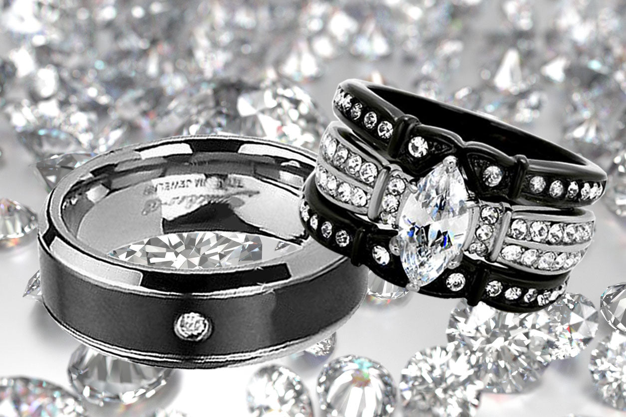 His and Hers Couples Rings Black Stainless Steel Wedding Engagement Ring Bridal Sets Mens Band