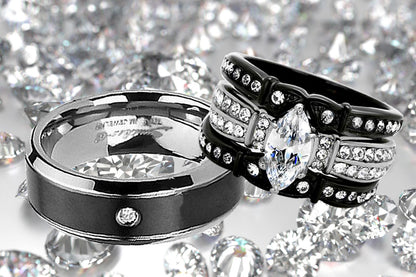 His and Hers Couples Rings Black Stainless Steel Wedding Engagement Ring Bridal Sets Mens Band