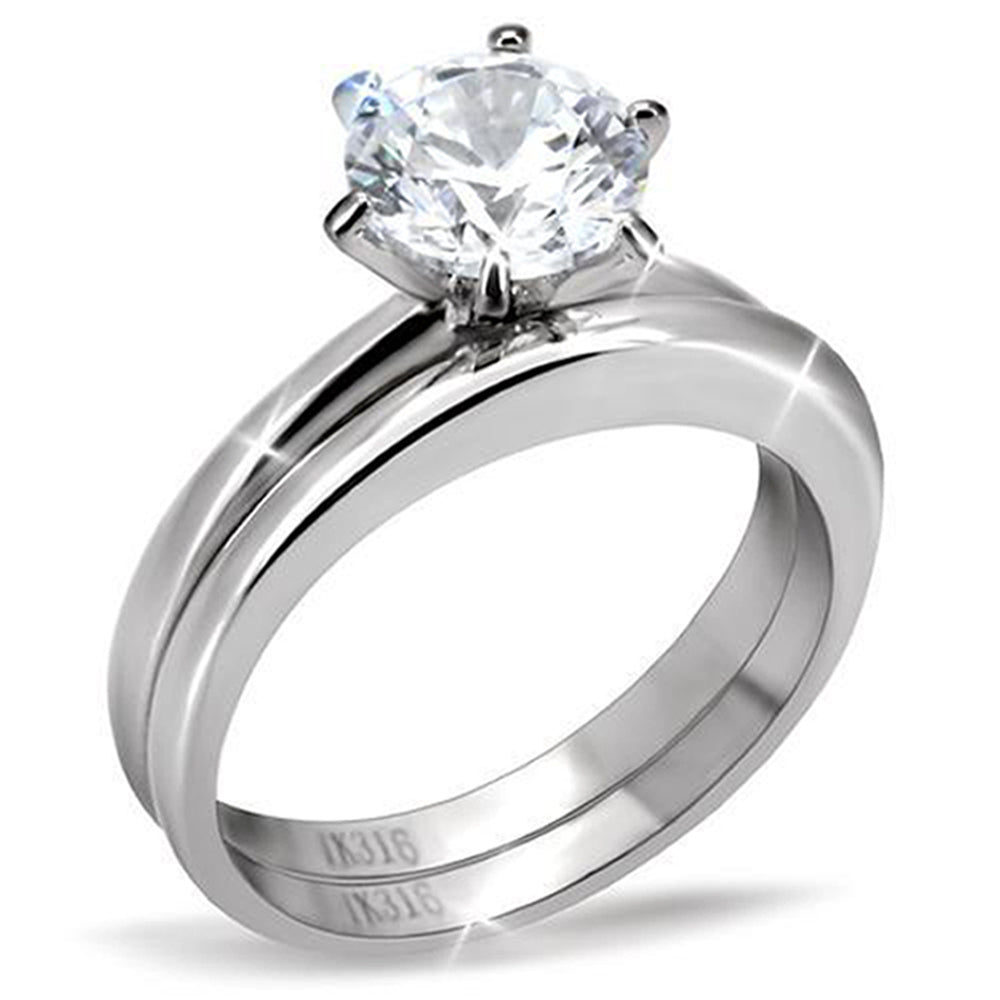 MABELLA His Hers Stainless Steel Men's Band Women Round Cubic Zirconia Wedding Engagement Ring Set