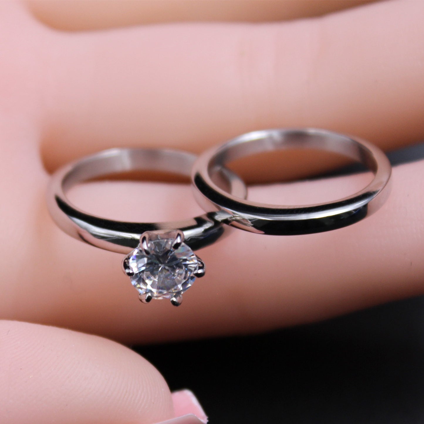 MABELLA Stainless Steel Women Cubic Zirconia Round Cut Wedding Engagement Ring Set