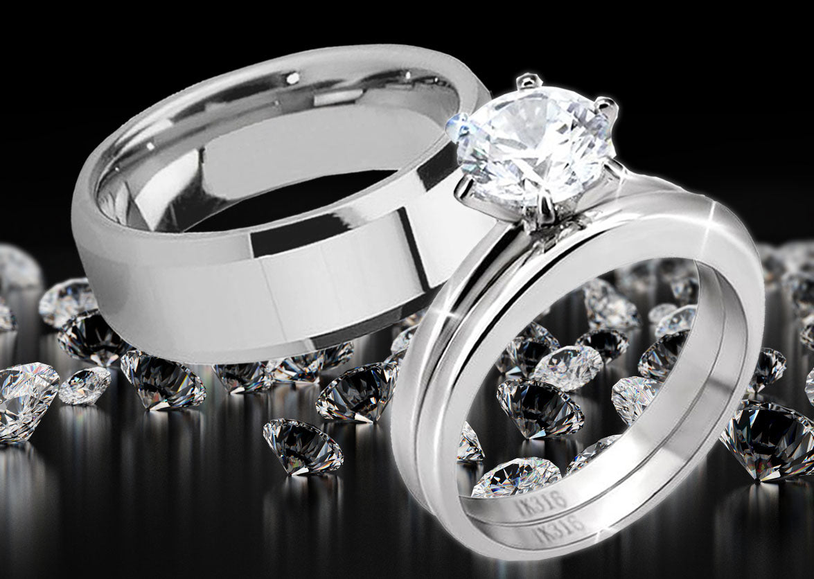 MABELLA His Hers Stainless Steel Men's Band Women Round Cubic Zirconia Wedding Engagement Ring Set