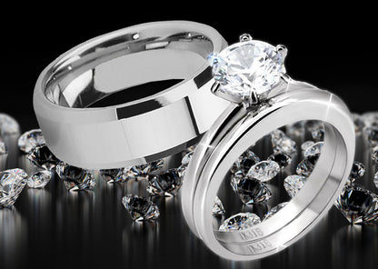 MABELLA His Hers Stainless Steel Men's Band Women Round Cubic Zirconia Wedding Engagement Ring Set