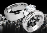 MABELLA His Hers Stainless Steel Men's Band Women Round Cubic Zirconia Wedding Engagement Ring Set