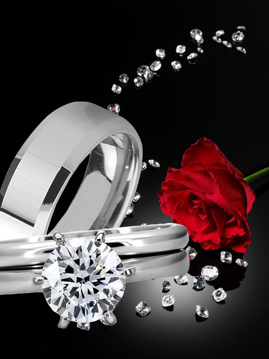 MABELLA His Hers Stainless Steel Men's Band Women Round Cubic Zirconia Wedding Engagement Ring Set