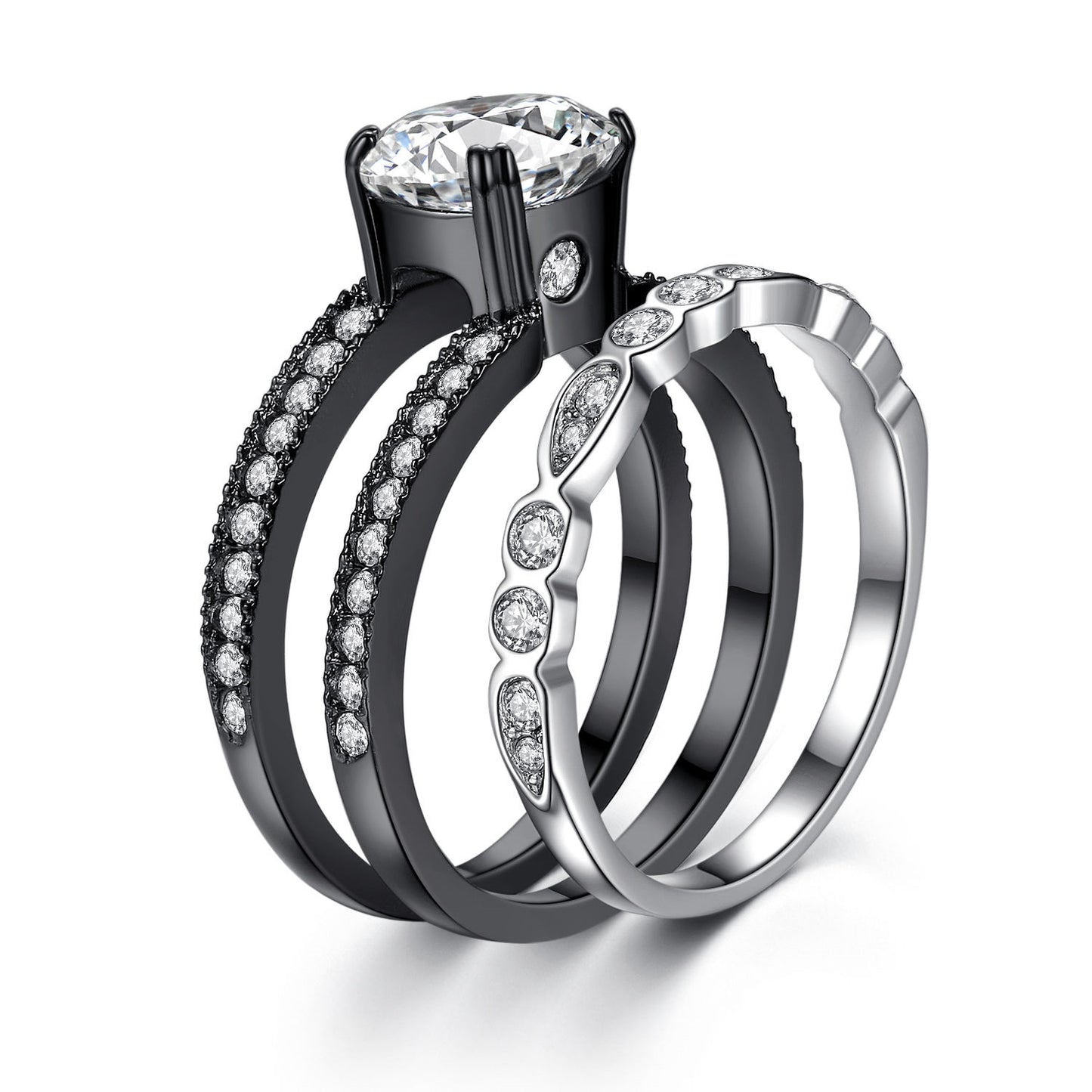 MABELLA Couple Rings Black Men¡¯s Stainless Steel Band Women CZ Stainless Steel Engagement Wedding Sets