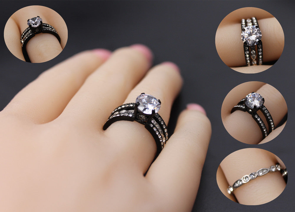 MABELLA Couple Rings Black Men¡¯s Stainless Steel Band Women CZ Stainless Steel Engagement Wedding Sets